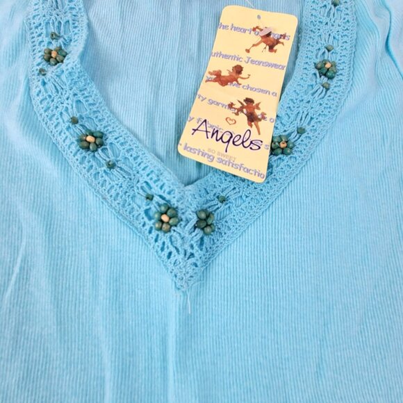 Crochet Top V-Neck Blue Short Sleeve V-Neck 100% Cotton Womens Size S JH1804 - Picture 4 of 6